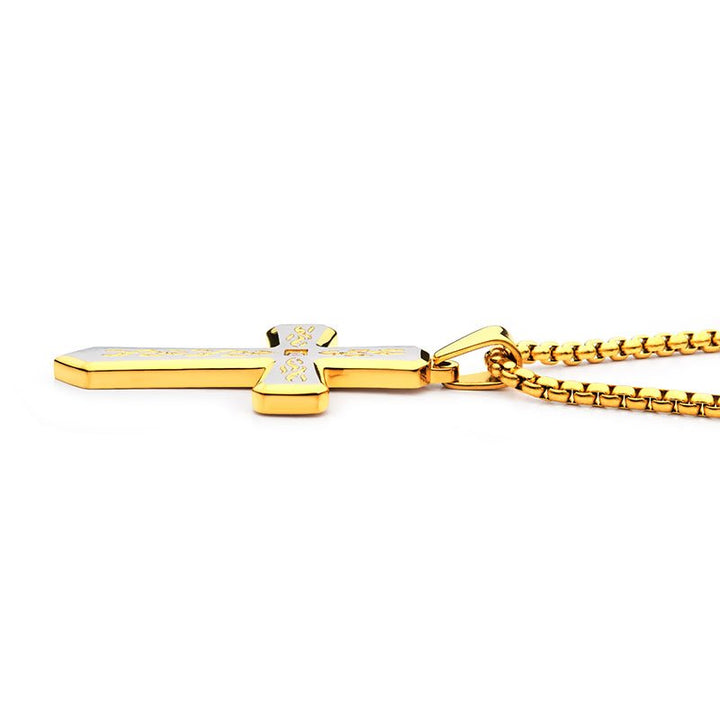 INOX Jewelry 18K Gold IP Tribal Cross Pendant with 2mm Lab-grown Diamond, with 24" Box Chain
