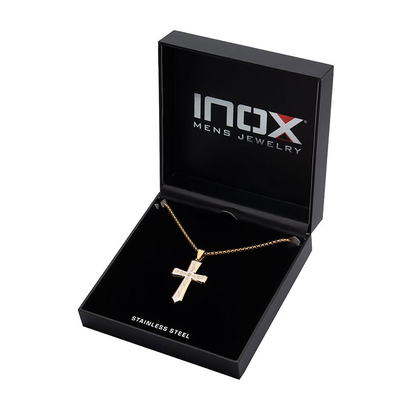 INOX Jewelry 18K Gold IP Tribal Cross Pendant with 2mm Lab-grown Diamond, with 24" Box Chain