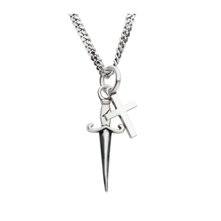 INOX Jewelry 925 Silver Oxidized Dagger & Cross Duo Pendant with Curb Chain