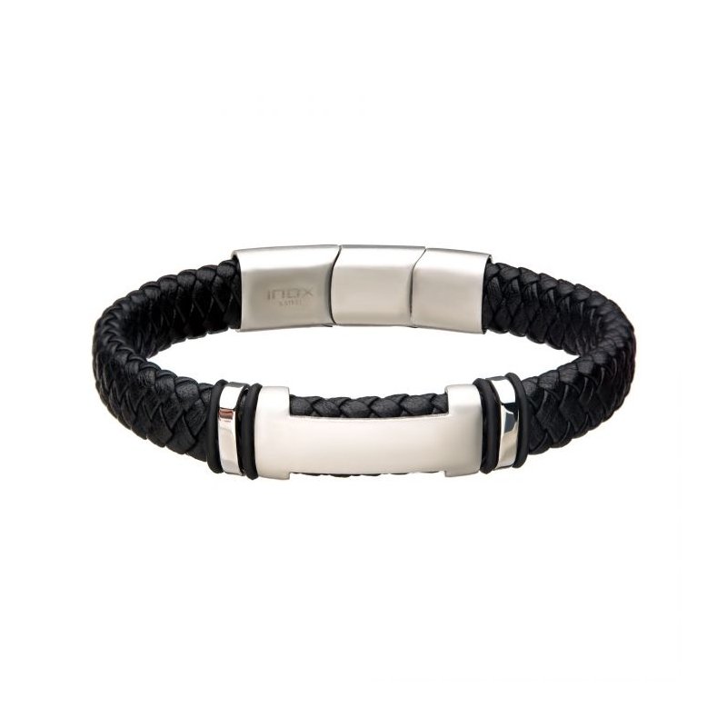INOX Jewelry Black Leather with Steel ID Bracelet BR615KS