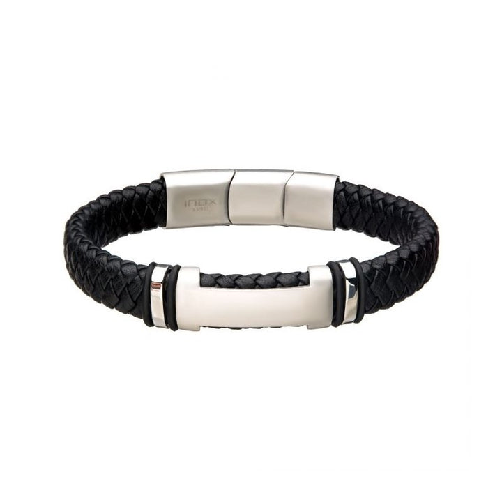 INOX Jewelry Black Leather with Steel ID Bracelet BR615KS