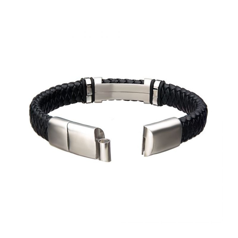 INOX Jewelry Black Leather with Steel ID Bracelet