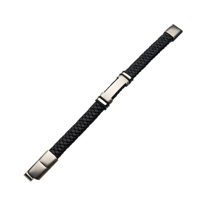 INOX Jewelry Black Leather with Steel ID Bracelet