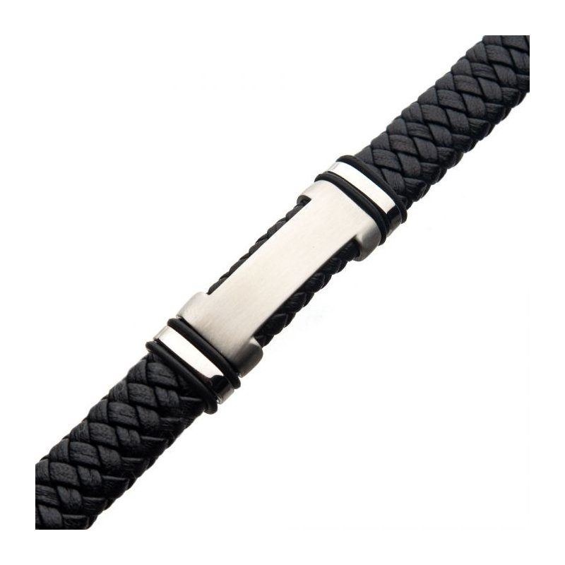INOX Jewelry Black Leather with Steel ID Bracelet