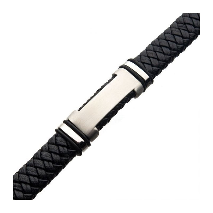 INOX Jewelry Black Leather with Steel ID Bracelet