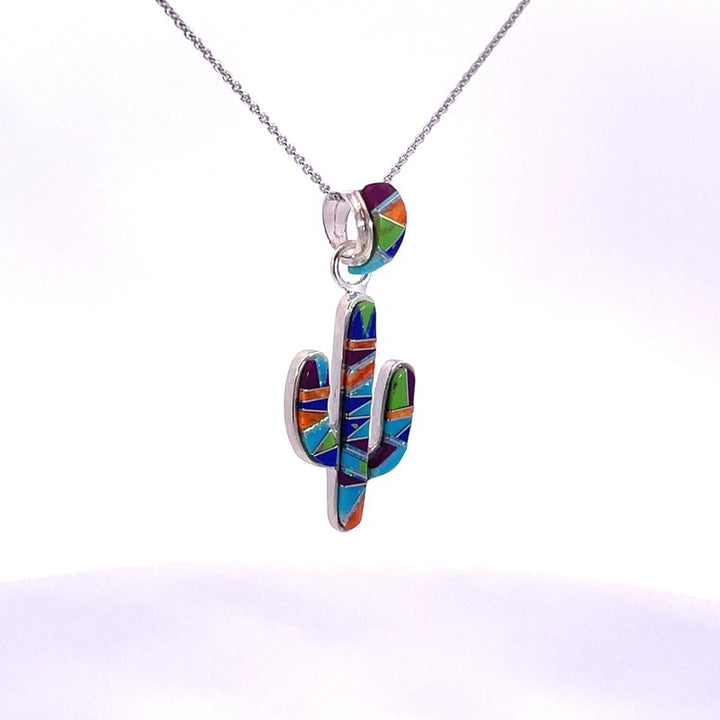 Arizona Turquoise and Inlaid Jewelry Colorful Saguaro Cactus Pendant
