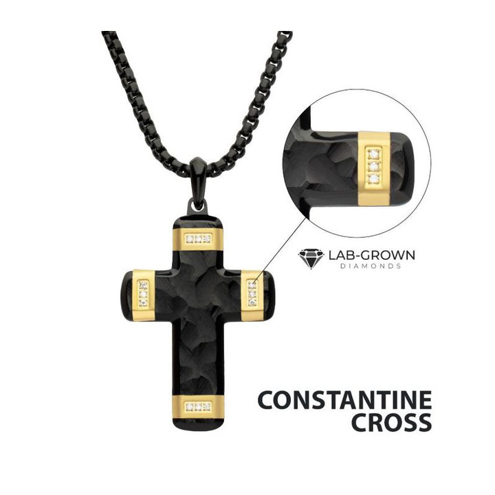 INOX Jewelry Matte Finish Black IP Carved Steel Small Cross Pendant with 18K Gold IP accents & Lab-Grown Diamonds, with Black Box Chain LGDSSP658GPKNK