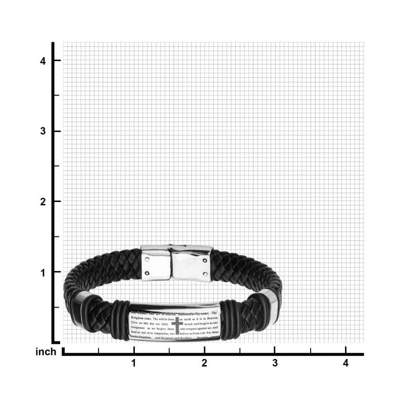 INOX Jewelry Black Braided Leather with Lord's Prayer ID Steel Bracelet