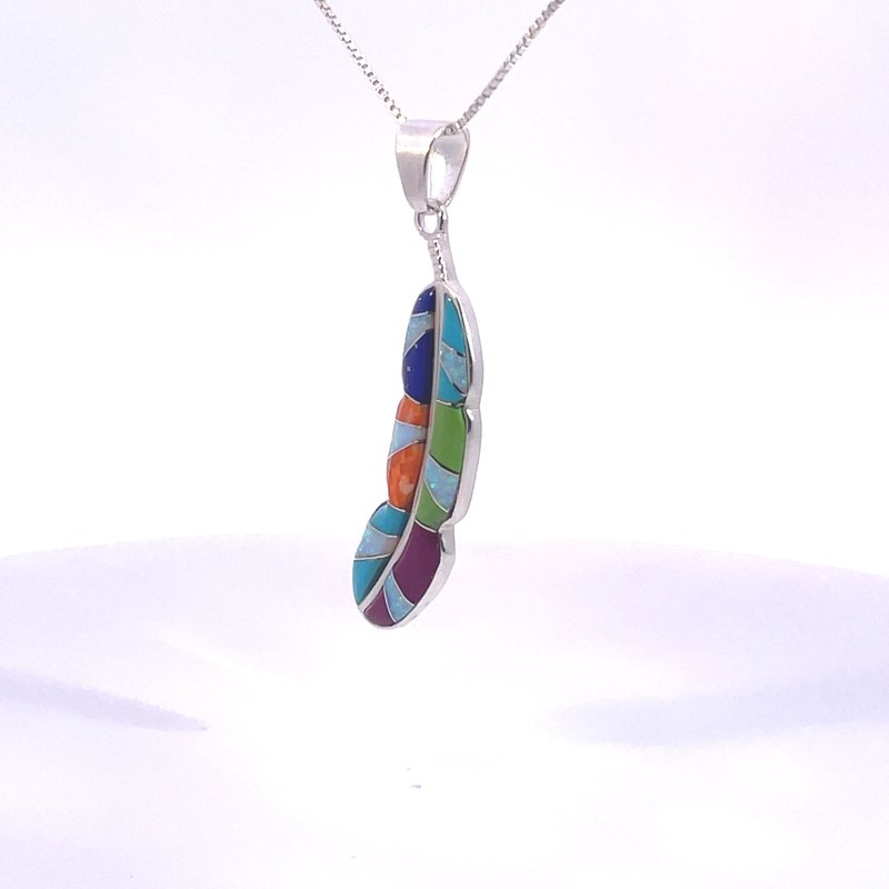 Sterling Silver Arizona Turquoise and Inlaid Jewelry Multicolored Feather Pendant