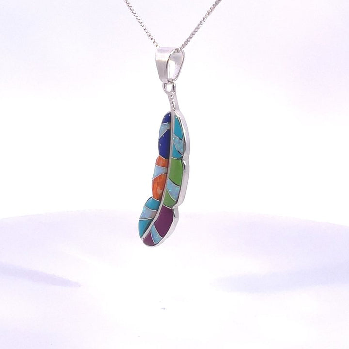 Sterling Silver Arizona Turquoise and Inlaid Jewelry Multicolored Feather Pendant