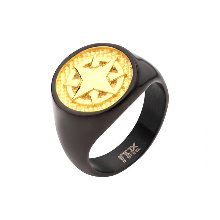 INOX Jewelry 18Kt Gold IP Wayfinder Compass Black IP Signet Ring