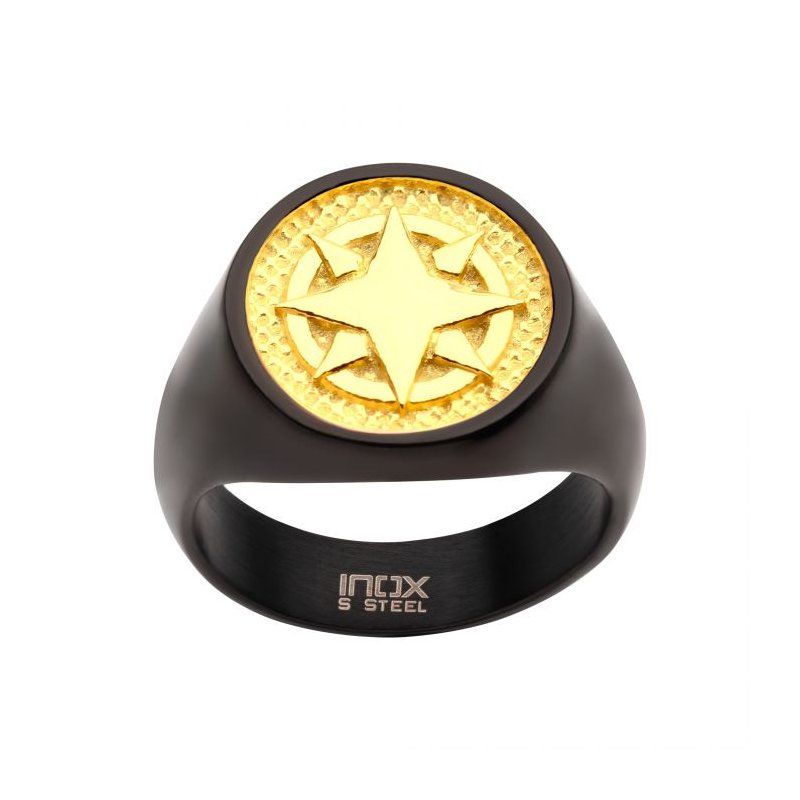 INOX Jewelry 18Kt Gold IP Wayfinder Compass Black IP Signet Ring