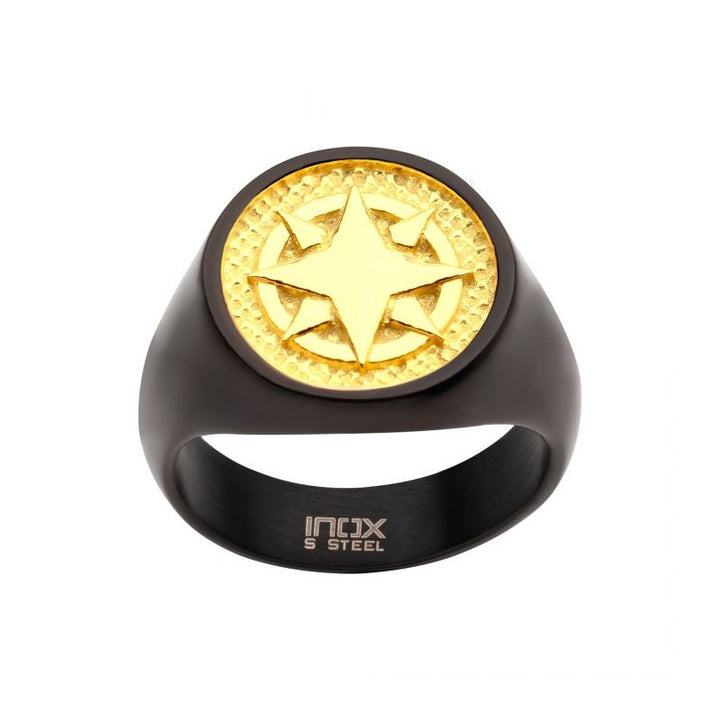 INOX Jewelry 18Kt Gold IP Wayfinder Compass Black IP Signet Ring