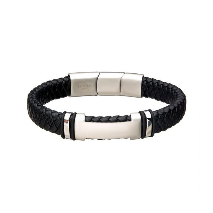 INOX Jewelry Black Leather with Steel ID Bracelet