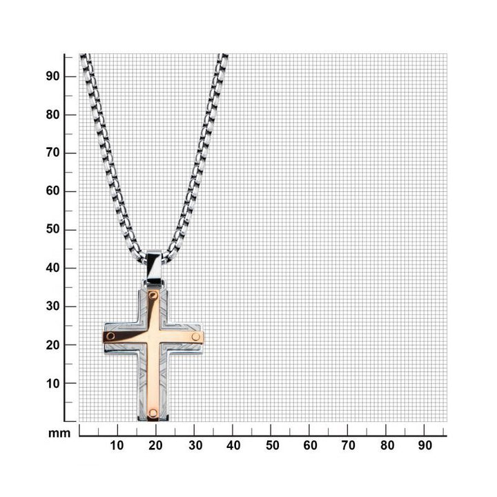 INOX Jewelry Rose Gold IP Bar Accent with Gray Steel Labyrintine Coin Stamped Pattern Cross Pendant with Steel Box Chain