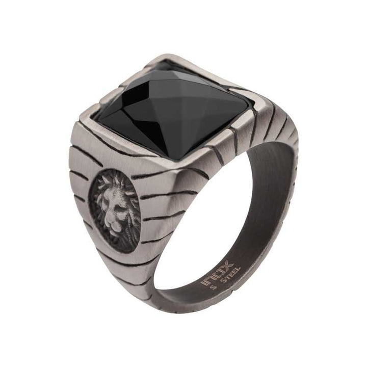 INOX Jewelry Matte Finish Gun Metal IP with African Lion Sigil & Faceted Black Agate Stone Signet Ring FR25662GM
