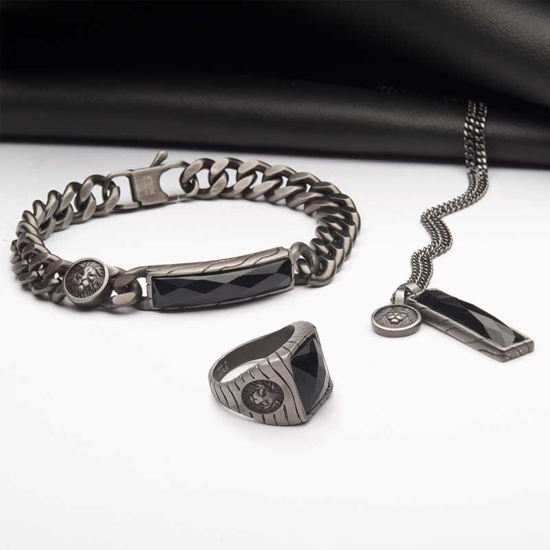 INOX Jewelry Matte Finish Gun Metal IP with African Lion Sigil & Faceted Black Agate Stone Signet Ring