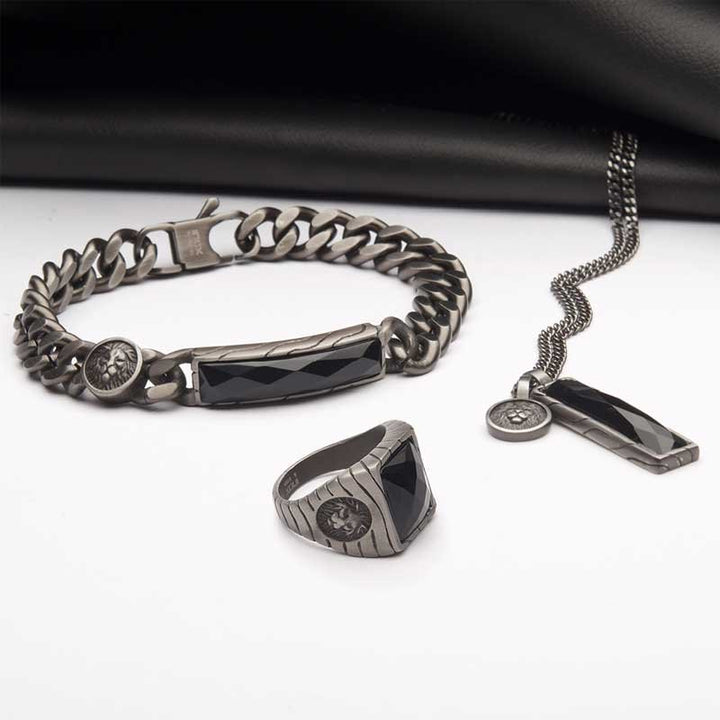 INOX Jewelry Matte Finish Gun Metal IP with African Lion Sigil & Faceted Black Agate Stone Signet Ring