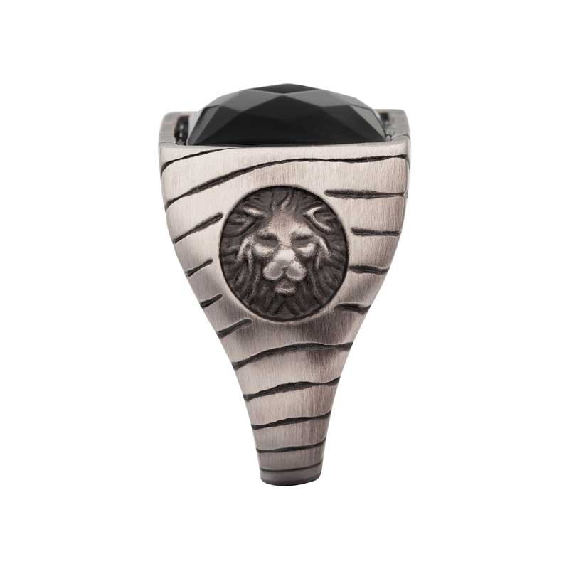 INOX Jewelry Matte Finish Gun Metal IP with African Lion Sigil & Faceted Black Agate Stone Signet Ring