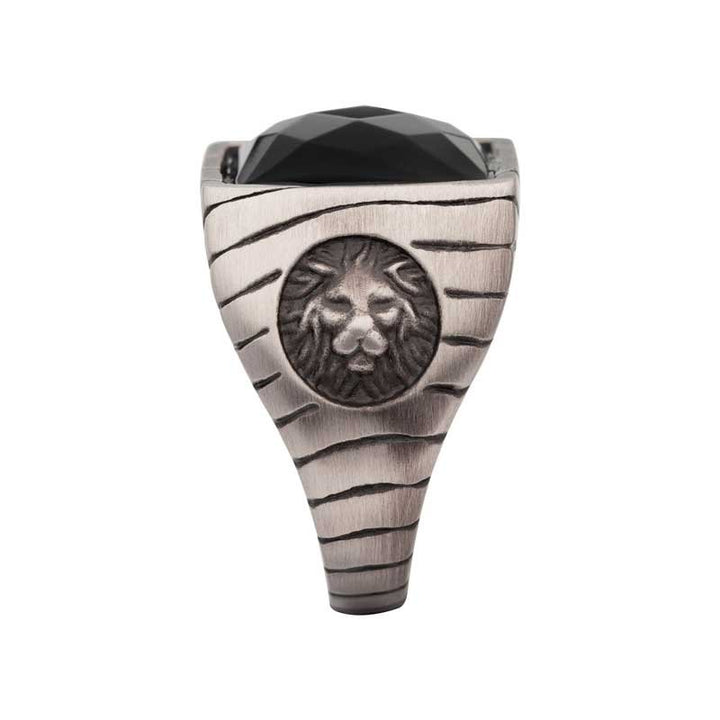 INOX Jewelry Matte Finish Gun Metal IP with African Lion Sigil & Faceted Black Agate Stone Signet Ring