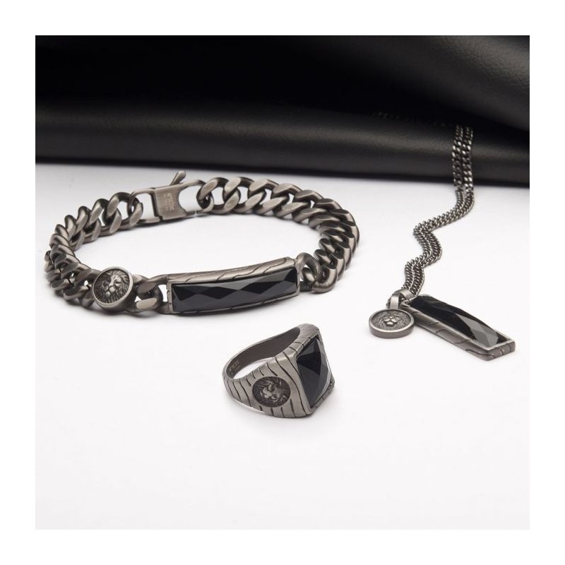 INOX Jewelry Matte Finish Gun Metal IP with African Lion Sigil & Faceted Black Agate Stone Signet Ring
