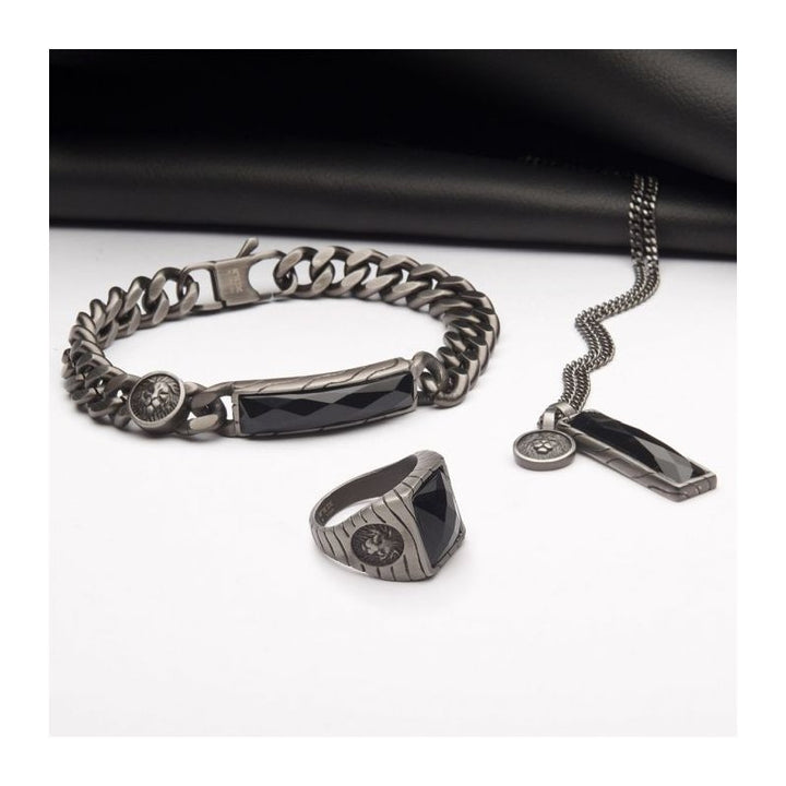 INOX Jewelry Matte Finish Gun Metal IP with African Lion Sigil & Faceted Black Agate Stone Signet Ring