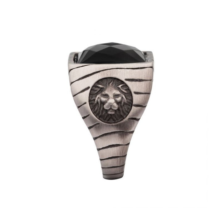 INOX Jewelry Matte Finish Gun Metal IP with African Lion Sigil & Faceted Black Agate Stone Signet Ring