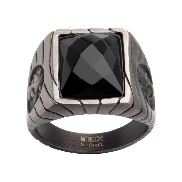 INOX Jewelry Matte Finish Gun Metal IP with African Lion Sigil & Faceted Black Agate Stone Signet Ring
