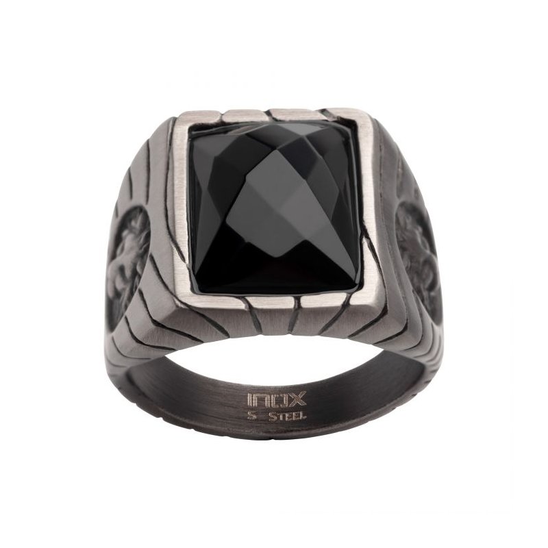 INOX Jewelry Matte Finish Gun Metal IP with African Lion Sigil & Faceted Black Agate Stone Signet Ring