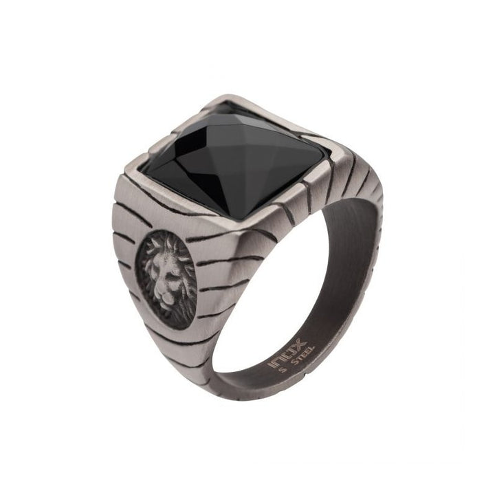 INOX Jewelry Matte Finish Gun Metal IP with African Lion Sigil & Faceted Black Agate Stone Signet Ring