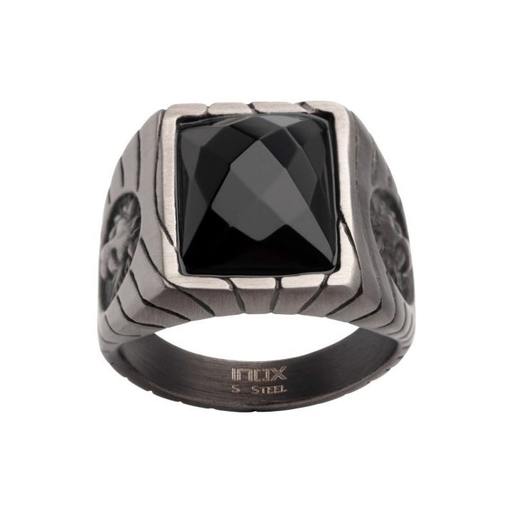 INOX Jewelry Matte Finish Gun Metal IP with African Lion Sigil & Faceted Black Agate Stone Signet Ring