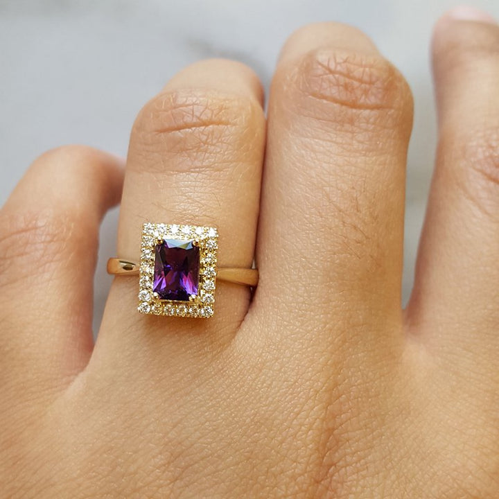 Amethyst Radiant Halo Ring