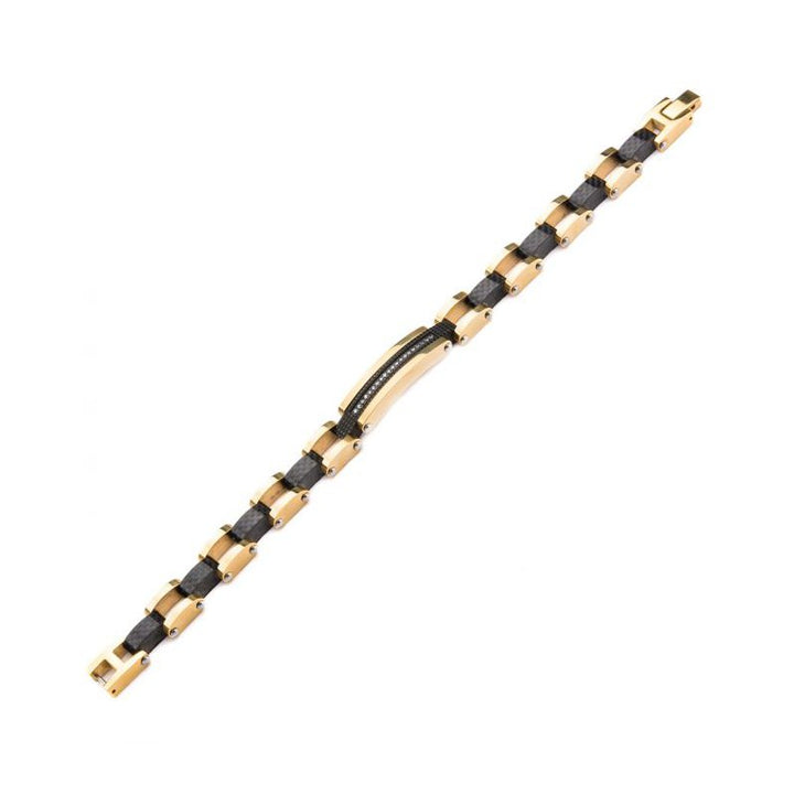 INOX Jewelry Solid Carbon Graphite & Gold IP with Clear CZ Stone ID Link Bracelet