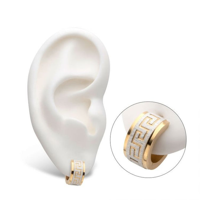 INOX Jewelry Plated Gold Greek Key Huggies Earrings