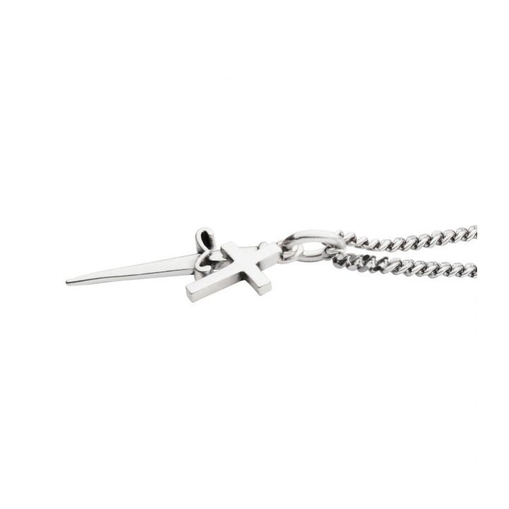 INOX Jewelry 925 Silver Oxidized Dagger & Cross Duo Pendant with Curb Chain