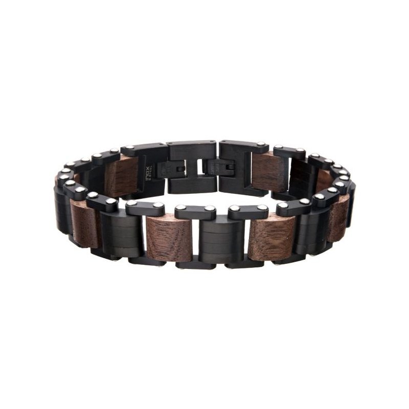 INOX Jewelry Stainless Steel with Walnut Wood Link Bracelet