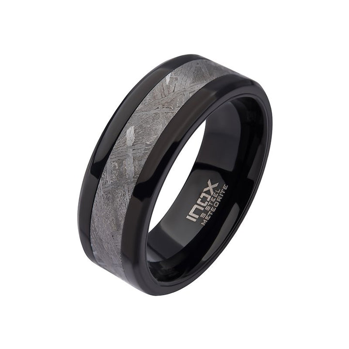 INOX Jewelry Meteorite Inlay Black IP Ring FRMT419K