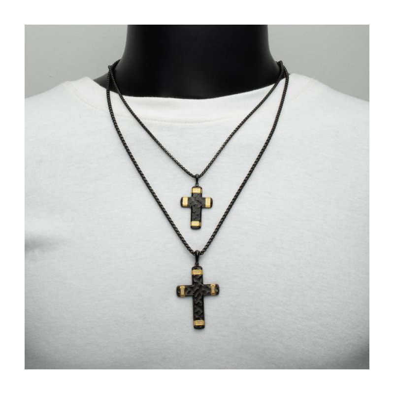 INOX Jewelry Matte Finish Black IP Carved Steel Small Cross Pendant with 18K Gold IP accents & Lab-Grown Diamonds, with Black Box Chain