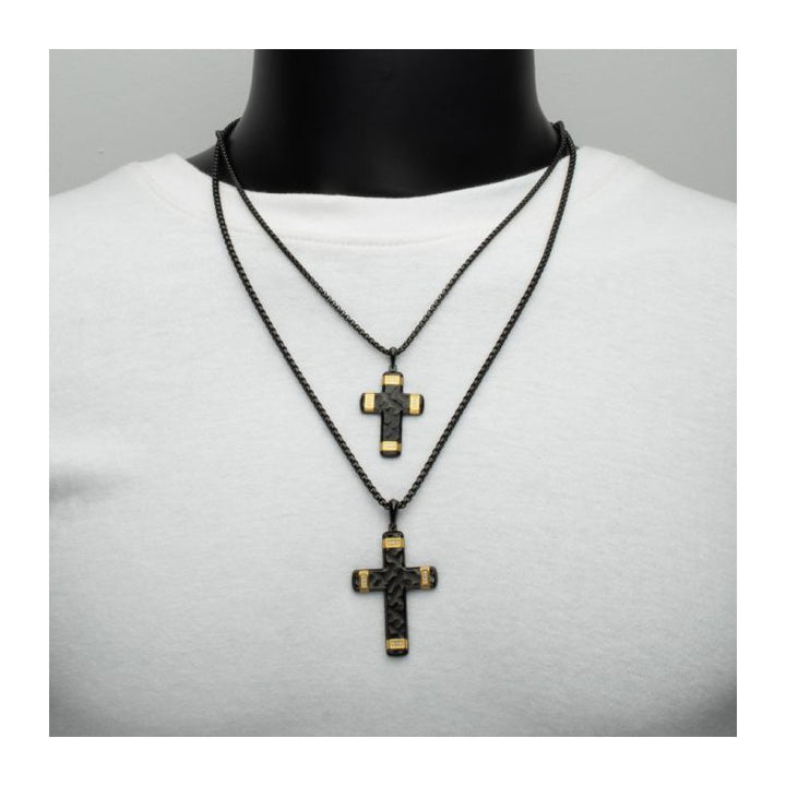 INOX Jewelry Matte Finish Black IP Carved Steel Small Cross Pendant with 18K Gold IP accents & Lab-Grown Diamonds, with Black Box Chain