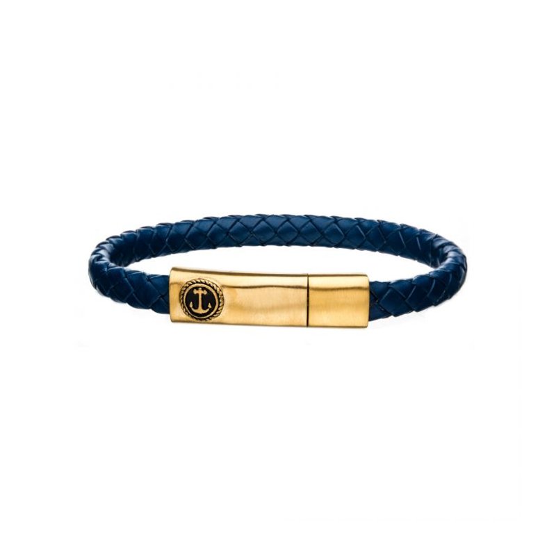 INOX Jewelry Blue Leather with Anchor in Brushed Gold IP Clasp Bar Bracelet BR24133BLUGP