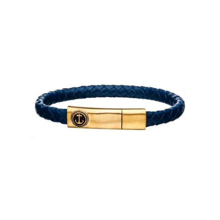 INOX Jewelry Blue Leather with Anchor in Brushed Gold IP Clasp Bar Bracelet BR24133BLUGP