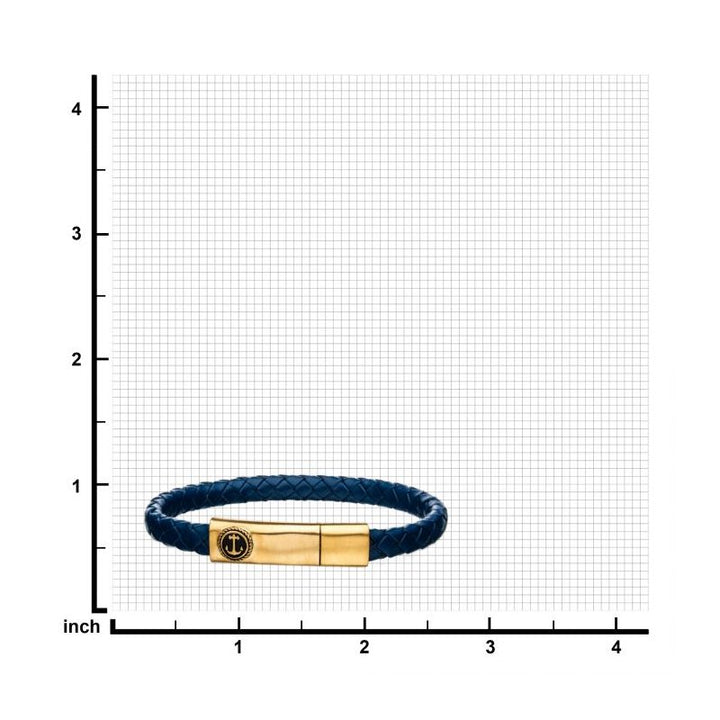 INOX Jewelry Blue Leather with Anchor in Brushed Gold IP Clasp Bar Bracelet