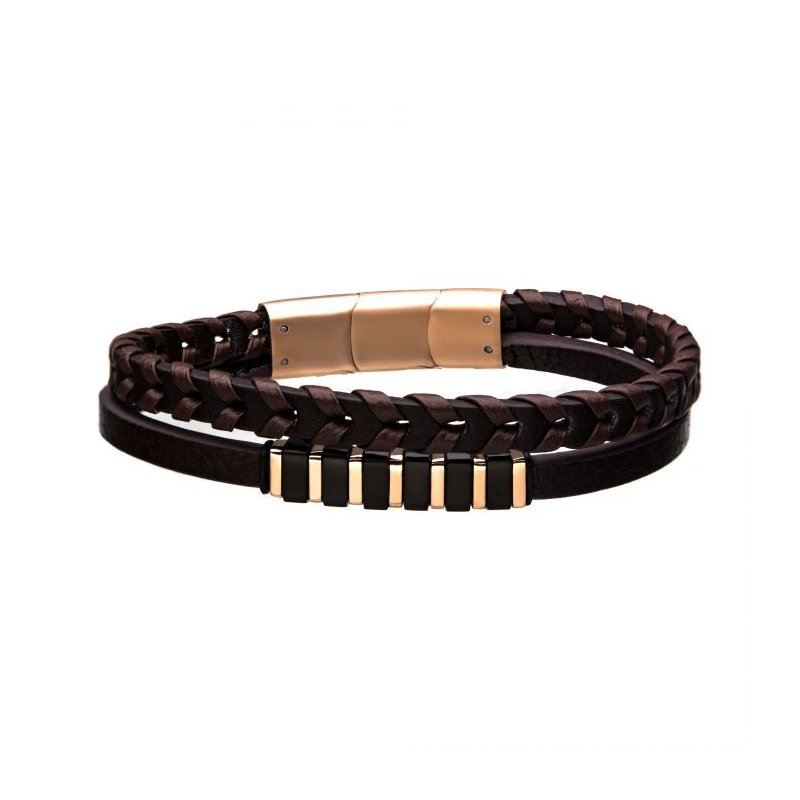INOX Jewelry Brown Leather with Black & Rose Gold Bar Bracelet BRLTM100
