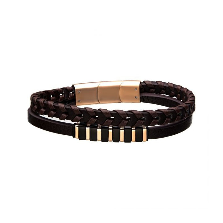 INOX Jewelry Brown Leather with Black & Rose Gold Bar Bracelet BRLTM100