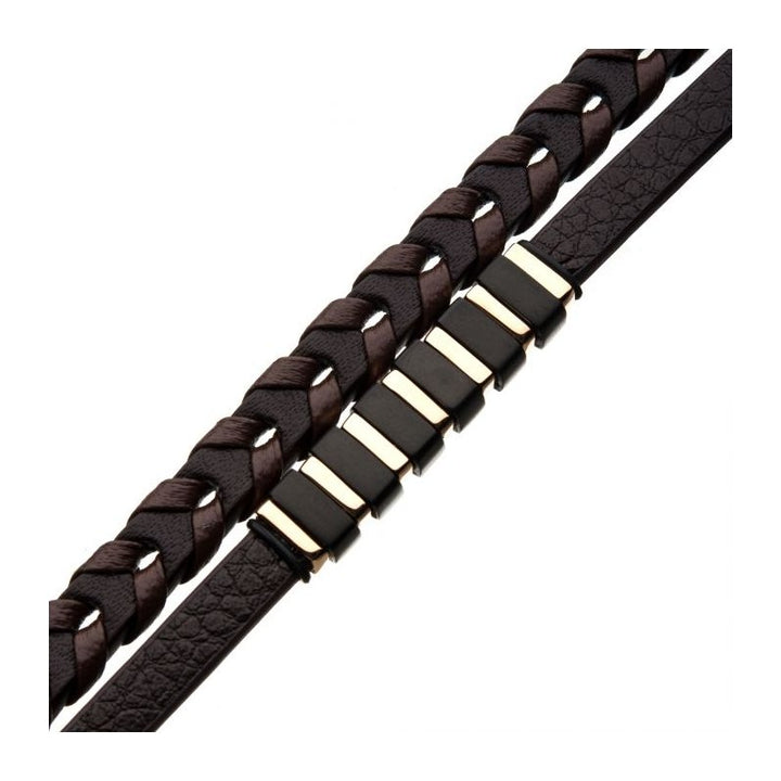 INOX Jewelry Brown Leather with Black & Rose Gold Bar Bracelet