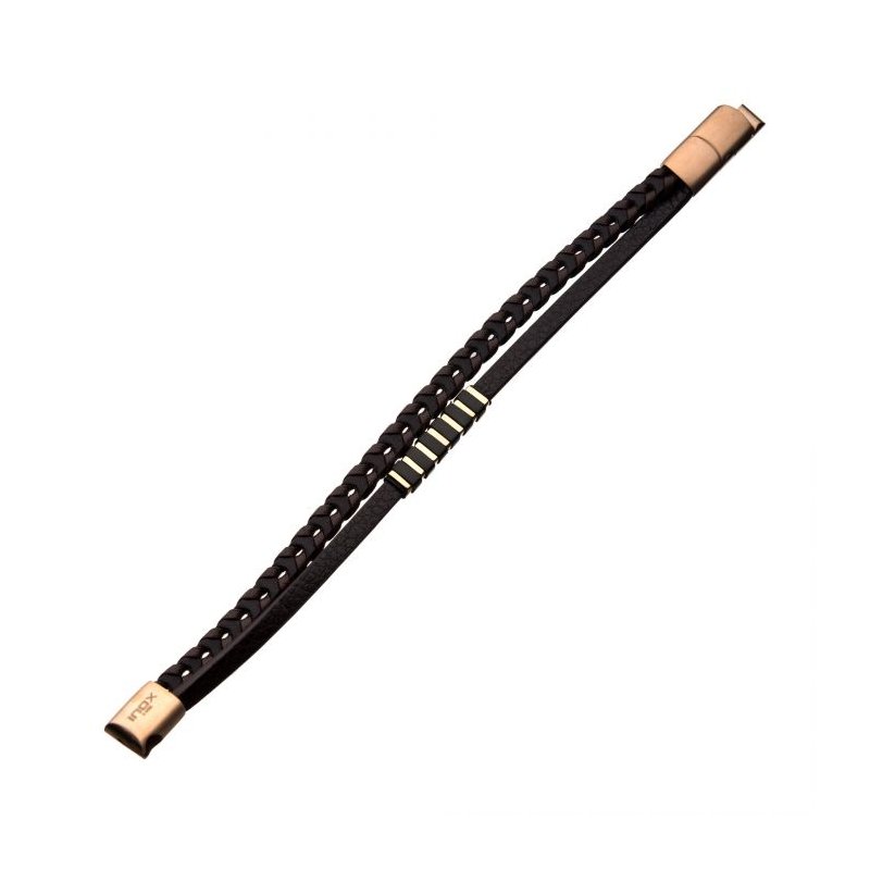 INOX Jewelry Brown Leather with Black & Rose Gold Bar Bracelet