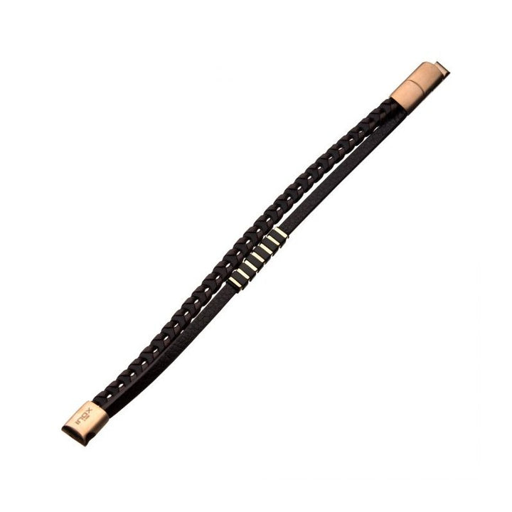 INOX Jewelry Brown Leather with Black & Rose Gold Bar Bracelet