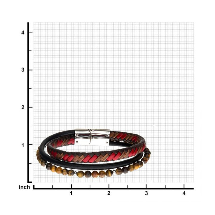 INOX Jewelry Tiger Eye Beads with Brown & Red Full Grain Cowhide Leather Layered Bracelet