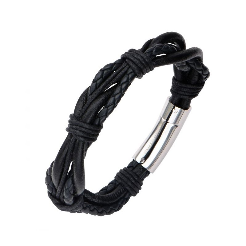 INOX Jewelry Multi Black Leather Bracelet with Steel Clasp