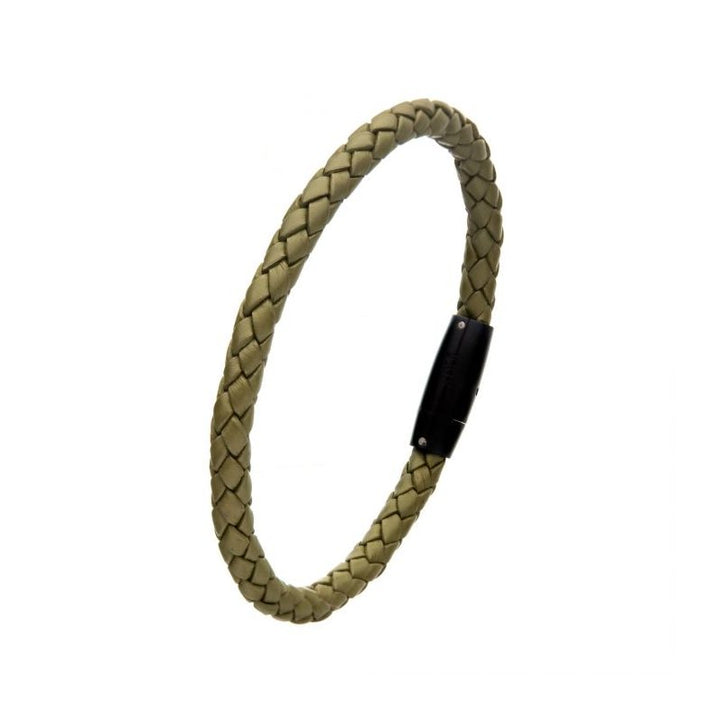INOX Jewelry Green Leather with Push in Plug Clasp Bracelet
